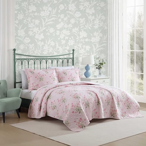 Laura Ashley Twin Quilt Set, Pink Floral Sham, Premium Bedding