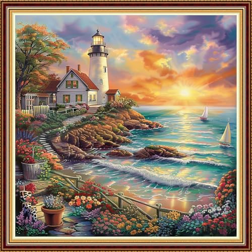 Image of Fanxvivy Stamped Counted Cross Stitch Kits for Adults Printed Cross-Stitch Patterns 11CT Stamped or Counted Cross Stitching Embroidery Kit Needlepoint Kits-Seaside Lighthouse 18x18 inch