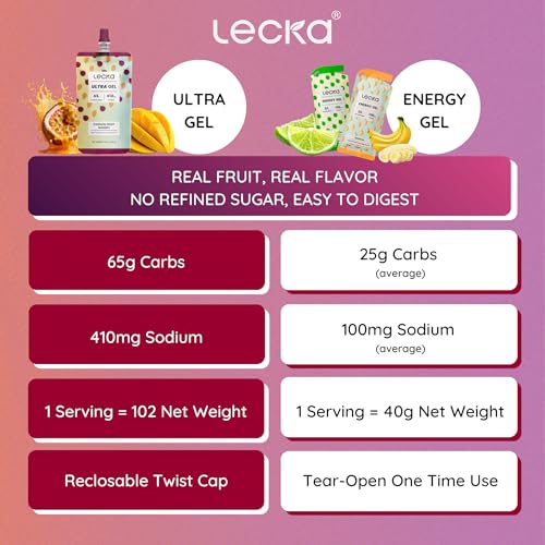 Image of Lecka Ultra Gel Passion Fruit Mango - 65g Carbs per Pouch - High-Carb Real Fruit Running Fuel, Resealable Spout, No Maltodextrin, Vegan - Ultra Endurance (4 Pack)