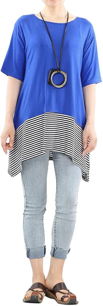 Mordenmiss Women's Stripes Asymmetry Tunic Swing Flowy Plain T-Shirt Top at  Women’s Clothing store