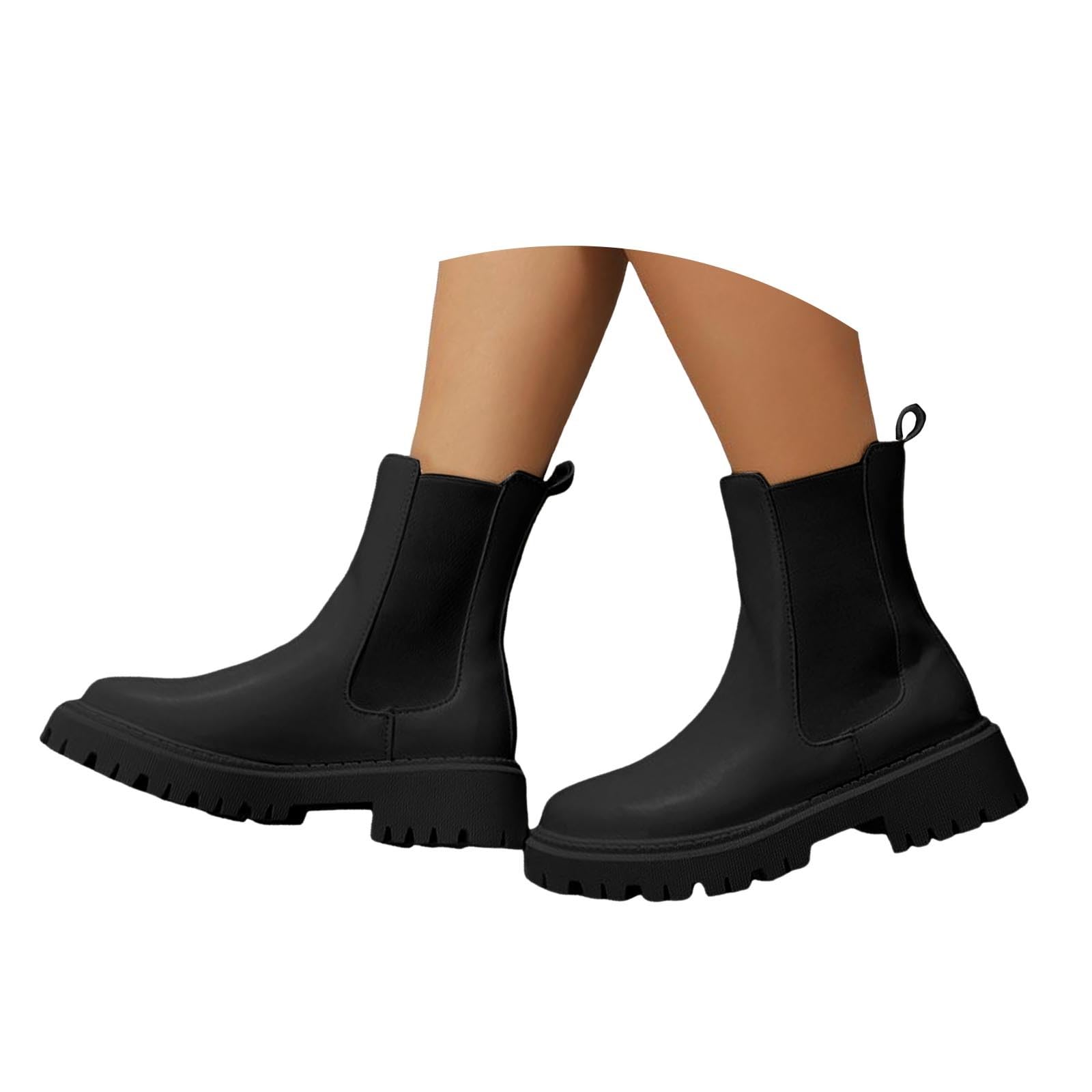 Womens Elastic Ankle Boots Fashion Low Chunky Heel Platform Lug Sole Short Booties Shoes Fall Winter Non Slip