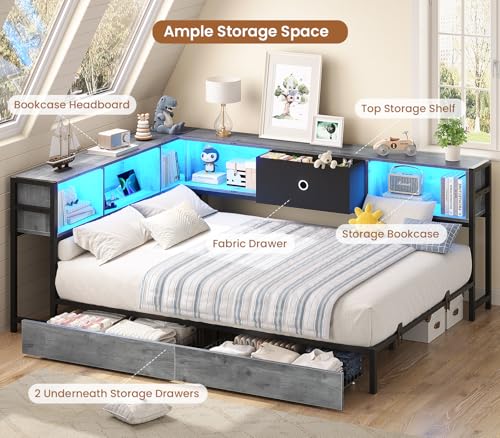Image of Hasuit Full Corner Bed Frame with Storage Drawers and Bookcase Headboard, Full Size Metal Platform Corner Bed Frame with Charging Station and LED Lights, Full Daybed for Kids Teens Guests, Oak Gray