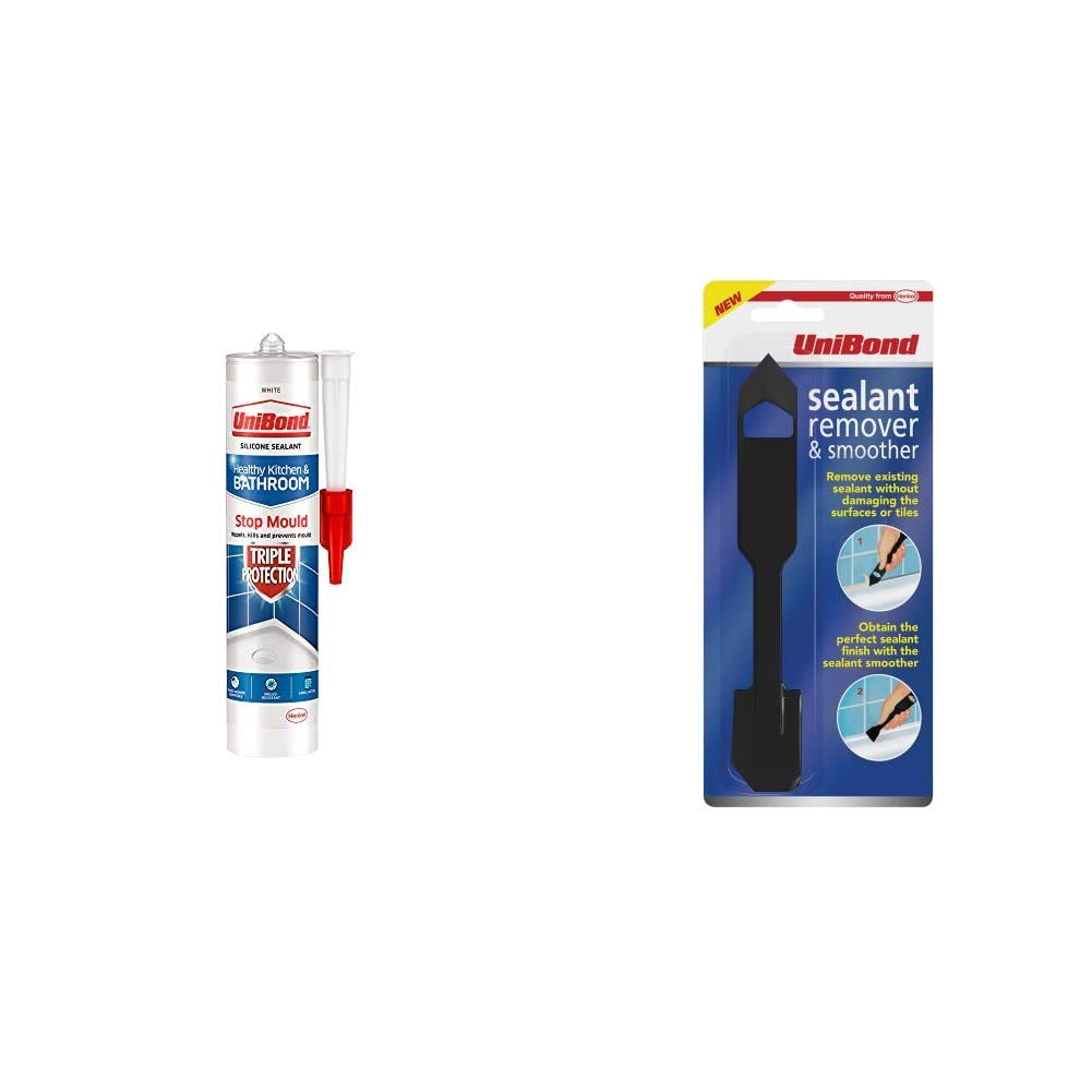 UniBond Triple Protection Stop Mould Sealant, 1x291g Cartridge & Sealant Remover and Smoother Tool, 2-in-1 Plastic Sealant Tool for Smoothing and Removing Silicone Sealant, Black