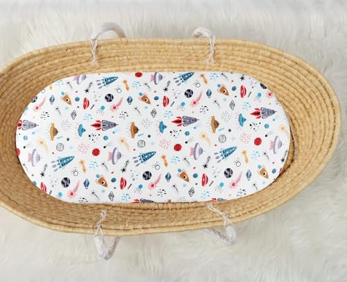 Image of Bassinet Sheet Set 2 Pack Snug Fitted Bedside Sleeper Bassinet Sheets, Stretchy Ultra Soft, Unisex Boy Girl, Planet Rocket Satellite & Car
