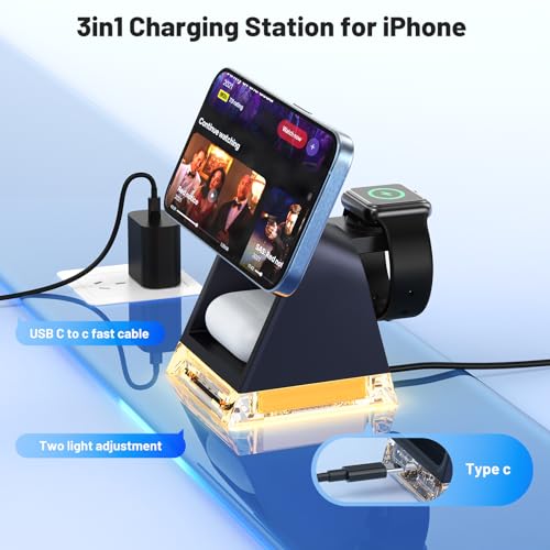 Image of 3 in 1 Fast Charging Station for Multiple Apple Devices, Portable Wireless Charger Stand with Magsafe,Magnetic Travel Charge Dock for iPhone 16e /15 Pro Max /14 Plus /13 Mini /12 /Apple Watch Ultra /AirPods