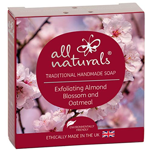 All Naturals - Barra de jabón exfoliante orgánico con flor de almendra enriquecida con manteca de karité, coco virgen, aceites de jojoba para piel sensible, 100 g