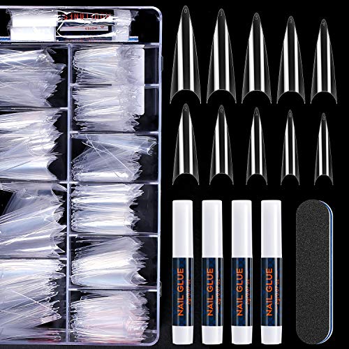 Clear Nail Tips and Glue - Modelones Stiletto False Nails 500PCS Half Cover Fake Nails 4PCS Nail Glues 1PCS Nail File with Case Press on Nails Kit for Nail Salons and DIY Nail Art,10 Sizes