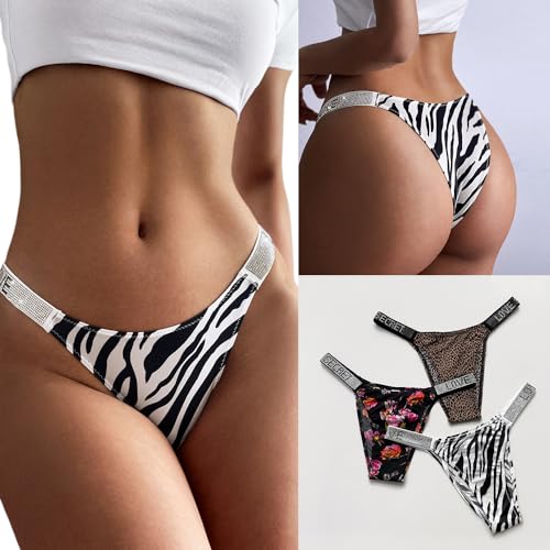 Women's Ice Silk Rhinestone Thongs Low Waist High Cut Bikini Underwear Hipster T Back Panties 6 Pack4