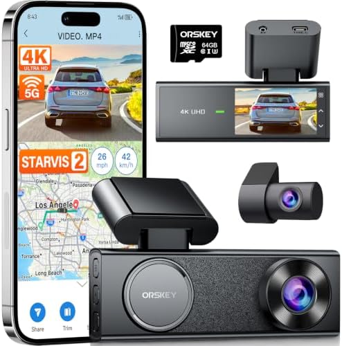 ORSKEY 4K Dash Cam Front and Rear, STARVIS 2 Sensor, 64GB SD Card Included,4K 2160P/FHD Car Dash Cam,Dash Camera for Cars with 5GHz Wi-Fi GPS, 2.45" IPS, WDR Night Vision, 24H Parking Mode