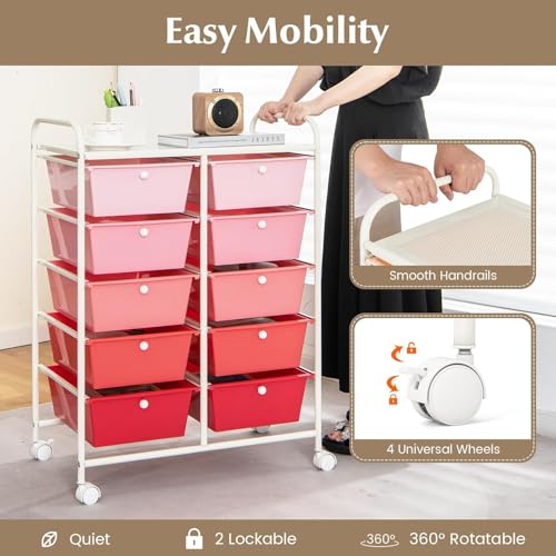 Image of LDAILY 10 Drawer Rolling Cart, Storage Cart Organizer on Wheels, Drawer Cart with Metal Frame & Large Storage Capacity, Rolling Cart with Drawers for Living Room Classroom, Office
