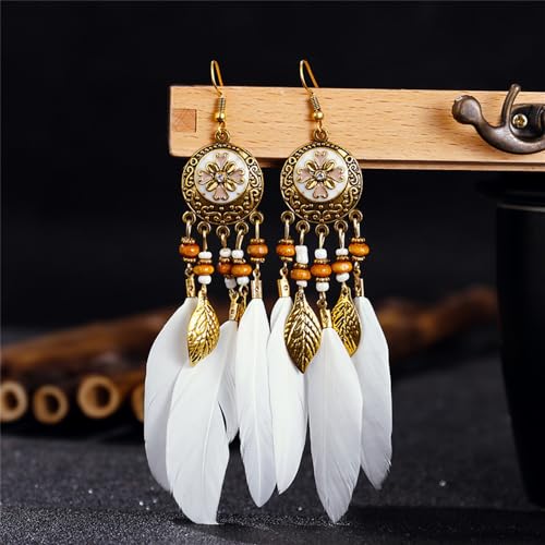 Boho Feather Leaf Dangle Earrings for Women Girls Gold Plated Long Ball Bead Leaf Fringe CZ Enamel Dreamcatcher Statement Charms Drop Dangling Fish Hook Stud Lightweight Antique Bohemian Festival Party Jewelry Gifts3