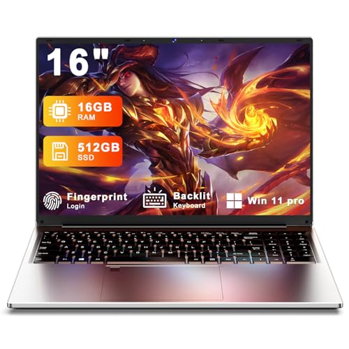 XNQ Laptop Computer, Gaming Laptop 2025, 16 Inch Lap Top PC, 16GB RAM 512GB SSD, N5105 Processor, 1920*1200 FHD IPS, Backlit Keyboard, 5000mAh Battery, Fingerprint Unlock, HDMI, Wifi5, USB3 Win 11 pro