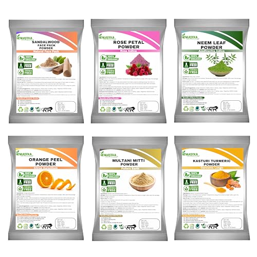 Image of Organic Face Pack Powder Combo Of Sandalwood (chandan), Rose Petal,Multani Mitti, Orange Peel, Neem Leaf And Kasturi Turmeric Powder for Face and Skin Care (50gm Each Packet)300gm