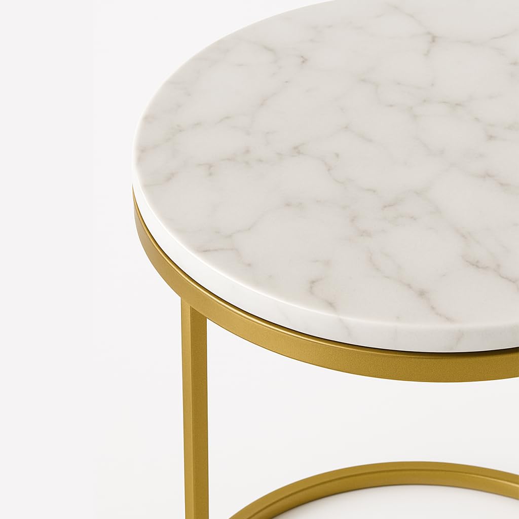 Generico DOMUSTREND Set 2 Tavolini da Salotto Rotondi, Piano Effetto Marmo Bianco e Base Oro, 44x44x40 cm e 34x34x35 cm, Stile Moderno Scandinavo