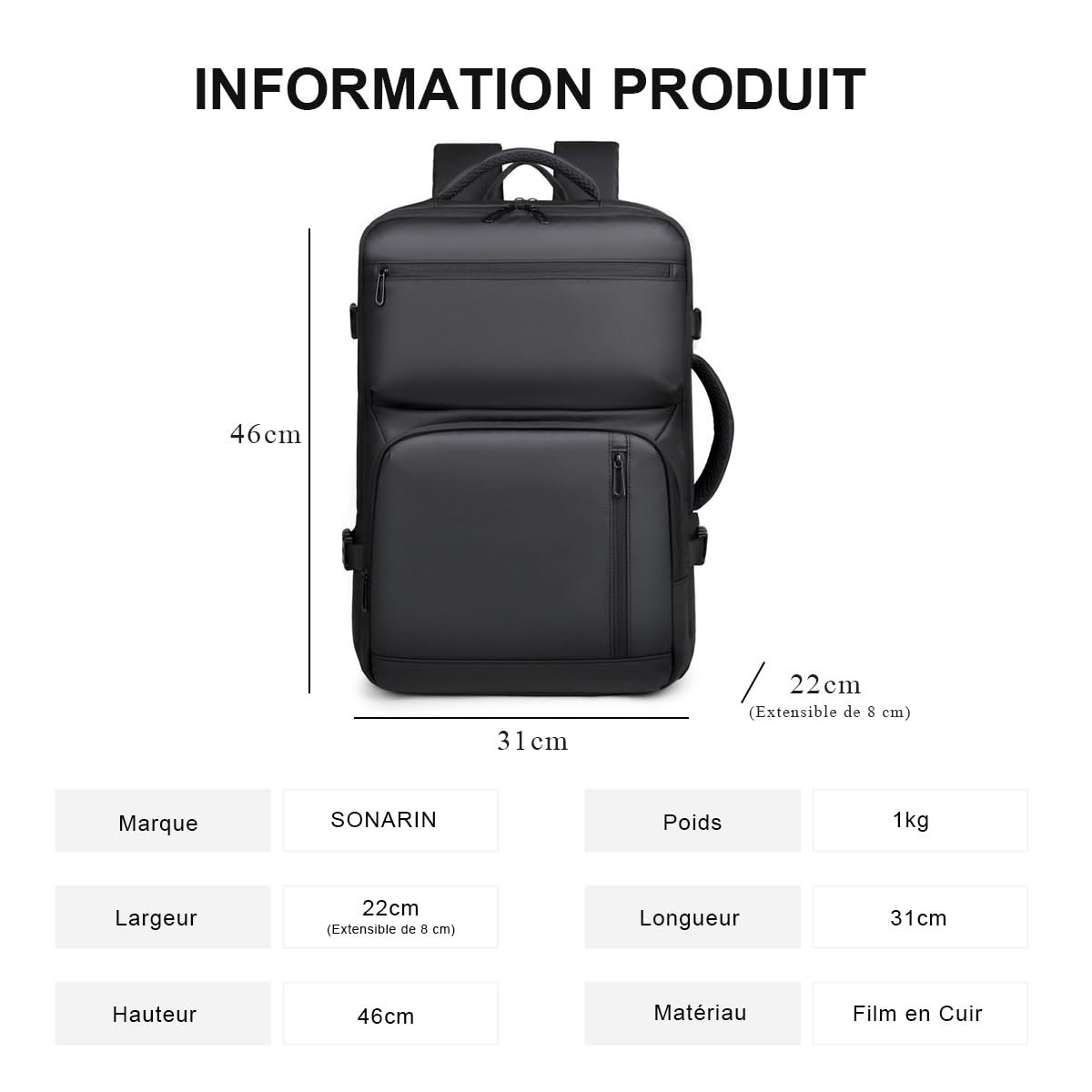 SONARIN Voyage Sac à Dos de Travail,Extensible Grande Capacité Sac à Dos Ordinateur Portable 15,6 Pouces,Imperméables Sacs de Cabine Sacs à Loisir pour Homme