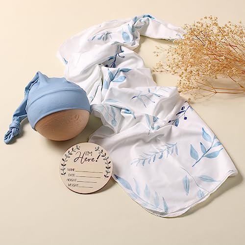 Image of Ylsteed Baby Swaddle Blanket and Headband Set, Newborn Receiving Blanket Swaddle Wrap for Girls and Boys, Swaddling Blankets Neutral for Newborn, Soft and Skin-Friendly 32 * 32 inches (Blue Leaves)