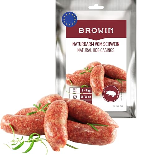 BROWIN® Naturdarm für Wurst | Premium Naturdarm für hausgemachte Würstchen, Wacholderwurst, Weißwurst, Bratwurst (Kaliber 28/30 mm, 15 m, Schweinedarm)