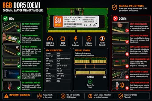 Image of 8GB DDR5 5600MHz OEM Laptop RAM Compatible with Micron [Key Specs: PC5-44800 /5600B | 262-Pin SO-DIMM | CL46 | 1Rx16 | 1.1V | Non-ECC] | 3 Years Seller Warranty