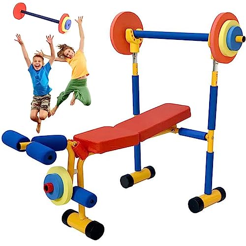Kids Fitness Exercise Equipment, Bench And Leg Press for Kids, Children Barbell Dumbbell Weight Set, Kids Workout Equipment Set, Boys and Girls Exercises Ages 3-12 Year Old