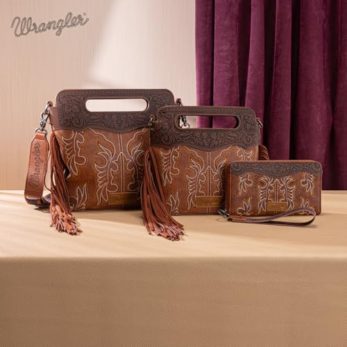 Image of Wrangler Western Handbag for Women Crossbody Bag Top Handle Shoulder Bag Embossed Cowgirl Fringe Purse