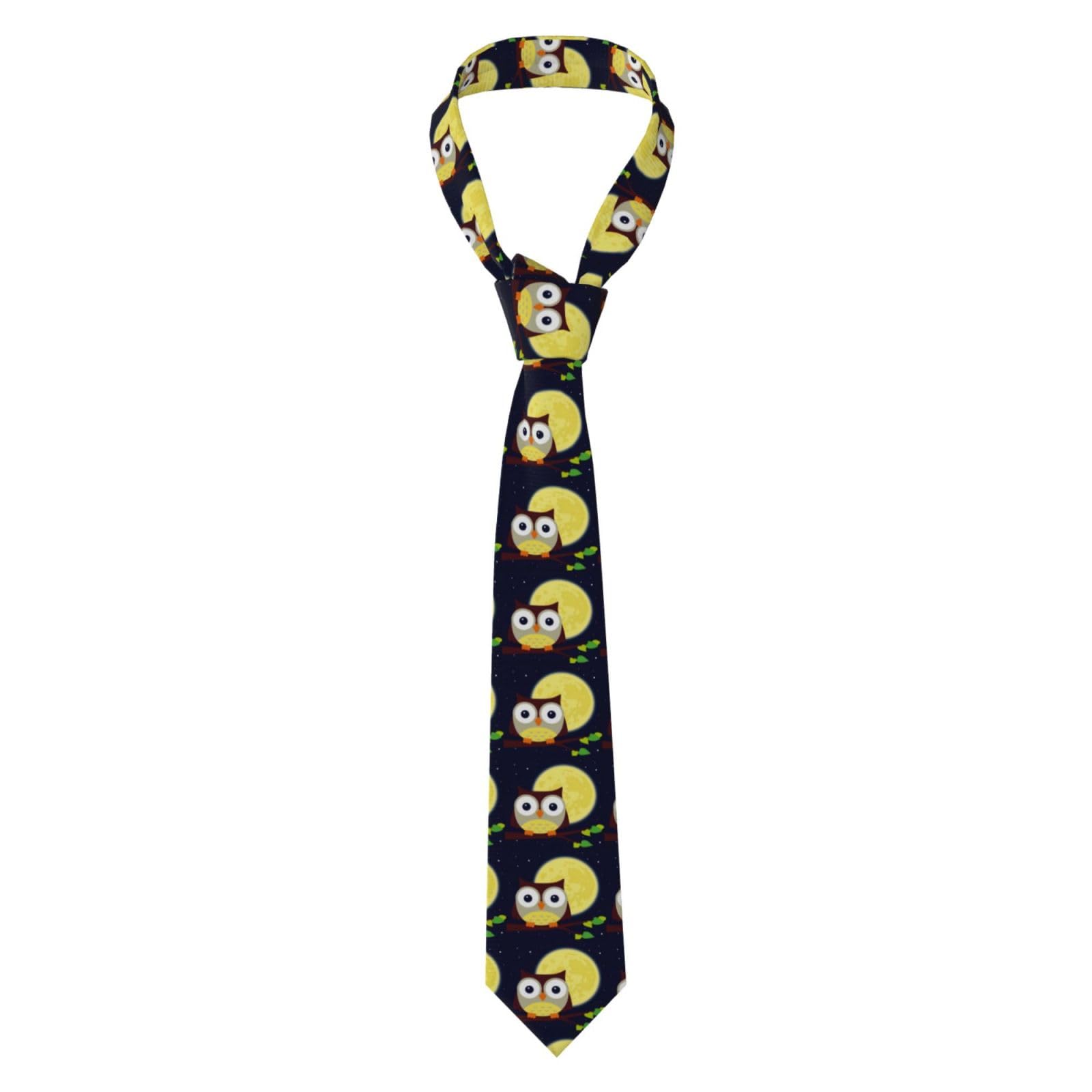 QAZWZML Owl and Yellow Moon Men's tie printed tie suitable for business banquets wedding occasions office occasions length 4.76ft