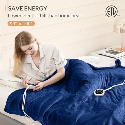 Image of HOMLYNS LuxeHeat Heated Blanket Electric Blanket King Size, Soft Flannel Sherpa Heating Blanket with 10 Heat Settings, 1-10 hrs Timer Auto Shut Off (90x100 inches, Navy), Only for 120V Voltage Use