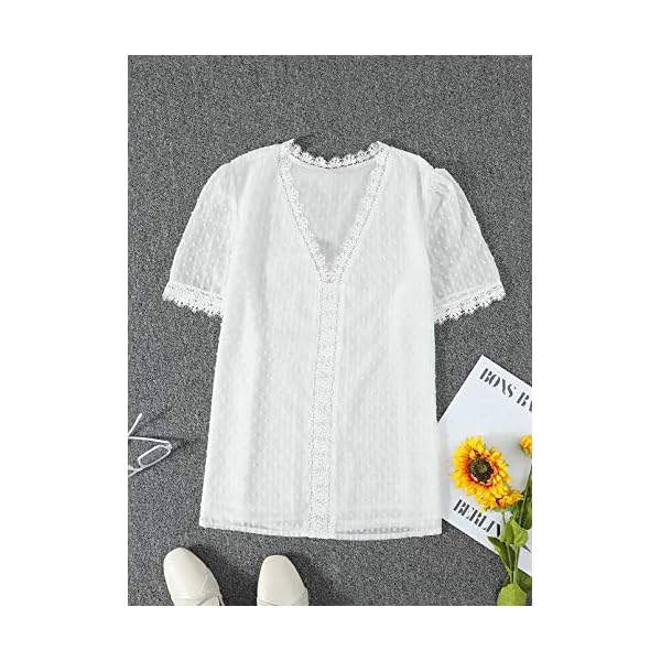 FARYSAYS Womens White Lace Shirts Chiffon Blouses Summer Classic Vintage Elegant V Neck Short Sleeve Tunic Tops for Work Office Ladies Medium