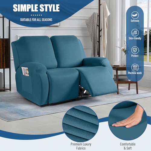Image of TAOCOCO Recliner Loveseat Slipcover, 2 Pieces Polyester Fabric Stretch Sofa Covers for 2 Seat Reclining Couch, Soft Washable Furniture Protector with Pockets (2 Seat, Turquoise Blue)