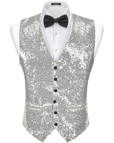 MAGE MALE Mens Sequins Suit Vest Formal V-neck Shiny Waistcoat Prom Party Tuxedo Vests