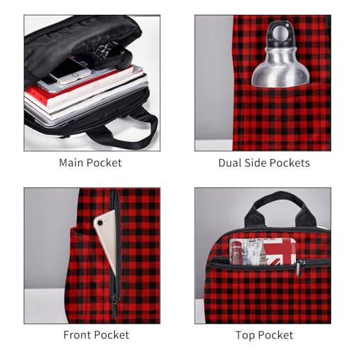 Mochila casual para viaje y trabajo con diseño a cuadros rojo y negro miniatura 5