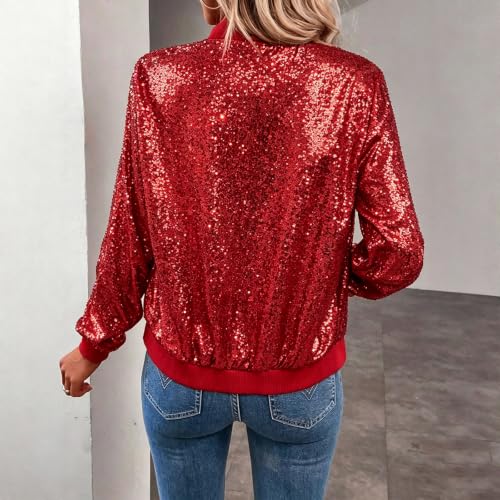 Gryvoilet Women Sequin Bomber Jacket Zip Up Long Sleeve Rib Collar Rib Cuff Sparkly Glitter Cropped Outerwear Coat with Pockets for Party Club - image 3