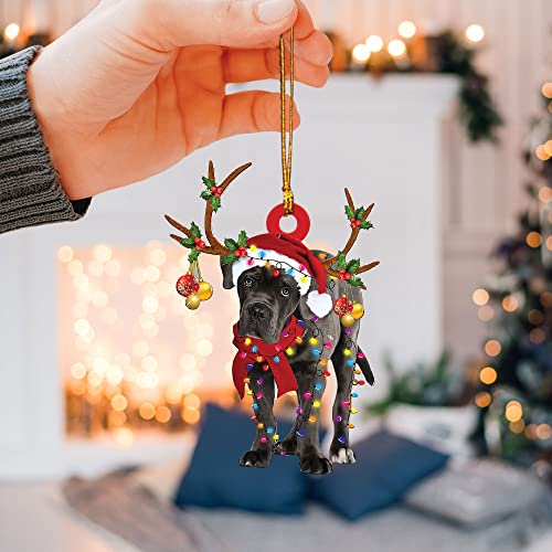 Talataca Cane Corso Wearing Christmas Hat Reindeer With String Lights Dog 2D Flat Car Rear View Mirror Accessories Christmas Tree Ornament Decoration Hanging Charm Interior Rearview Pendant Decor Gift #TOP2