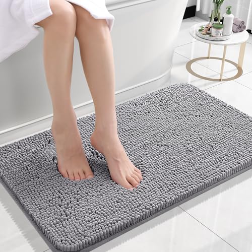 OLANLY Bathroom Rugs 24x16, Extra Soft Absorbent Chenille Bath Rugs, Rubber Backing Quick Dry, Machine Washable Bath Mats for Bathroom Floor, Tub and Shower, Home Decor Accessories, Grey