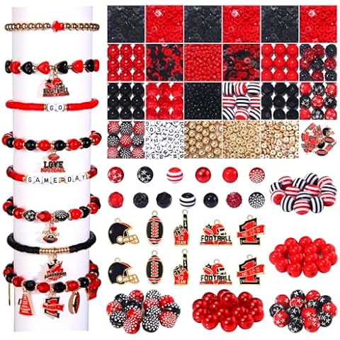 Game Day Beads for Bracelets Making Kit,Red Black Heishi Clay Pearl Letter Assorted Round Beads Gold Spacer Beads with Football Charms for DIY Bracelets Necklace Jewelry Making, 2100PCS+ Cover