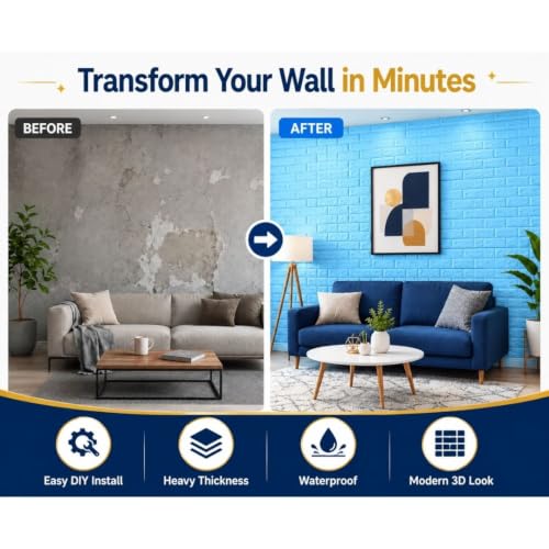 Image of 3D Brick Wallpaper for Wall | Self Adhesive PE Foam DIY Panel | Peel & Stick Decor for Home, Living, Bedroom & Office (70 x 77 cm, Appx 5.8 Sq Ft) (8, Sky Blue)