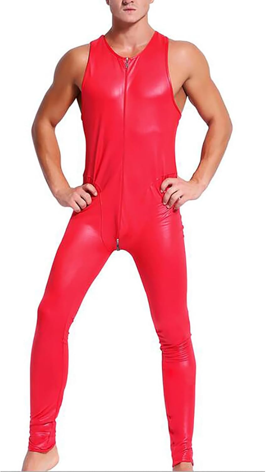 Mens Faux Leather Bodysuit Full Body Leotard Sleeveless Latex Catsuit