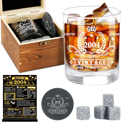 YeohJoy 21st Birthday Gifts for Him,Vintage 2004 Whiskey Glass Set,Wood Box &2004 Poster Anniversary Card & Whiskey Stones & Coaster,Bday Gifts Ideas for Him, Dad, Husband