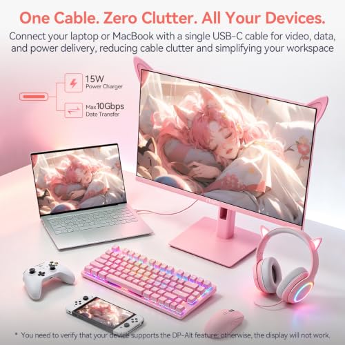 Image of CUNPU 24 inch Wave Pink Kawaii Gaming Monitor, FHD 1920x1080 180Hz 1ms GTG Fast IPS, 100% sRGB, Adaptive Sync, Built-in Speakers, USB Type-C 15W HDMI /DP, Tilt Adjustable Stand, For PC Gaming & Home Office
