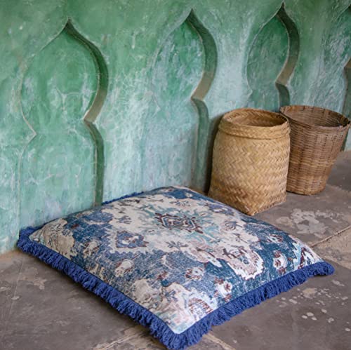 Mandala Life ART Boho Chic Yoga Decor Housse de Coussin de Méditation - 65 cm - avec Frange Vintage - Taie d'oreiller Del Sol - Carrée - Zafu décoratif en Coton imprimé Cover