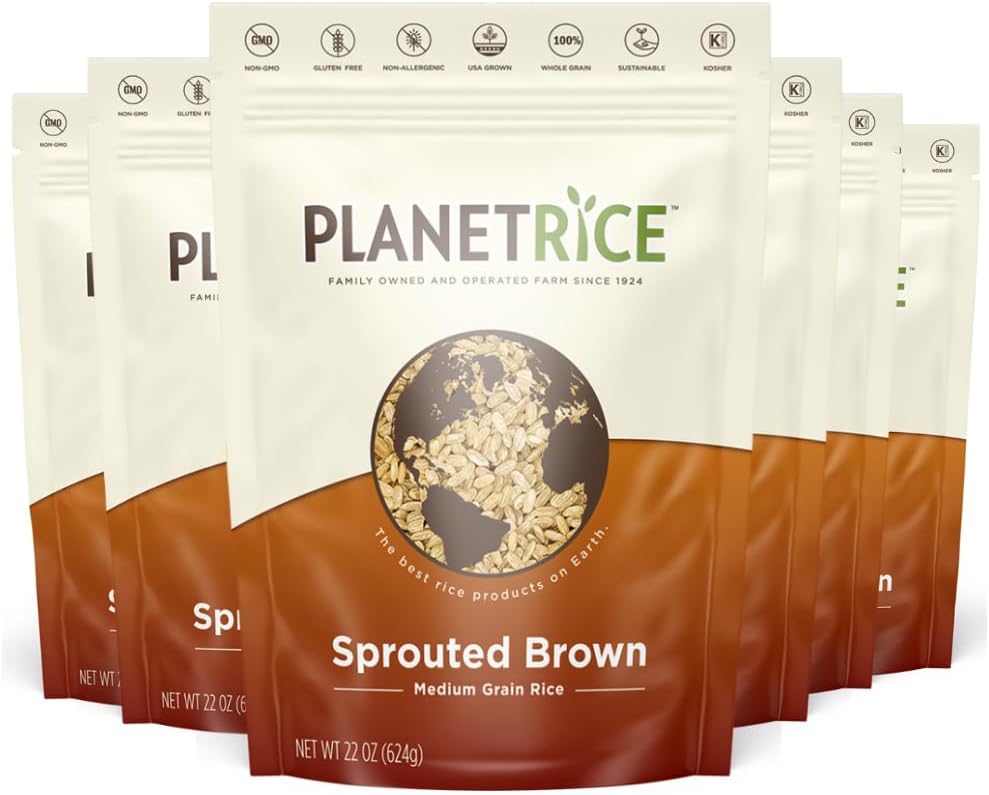 Planet Rice Bulk Sprouted Brown Rice Bulk - Great for Bulk Rice Cooking - Gaba Rice Gluten-Free, Vegan, Paleo, with 64% more Fiber - Soft and Chewy Texture - 22 Ounce (Pack of 6)