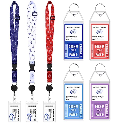 Leinuosen 4 Pack Clear Carnival Cruise Luggage Tag Holder 3 Pack Cruise Lanyard for Ship Card Bundle Waterproof ID Holder Retractable Lanyard for Carnival Navigation Essential(Elegant)