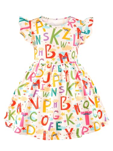 AlisOker Kleid für Kleinkinder, Mädchen, für den Schulanfang, lässig, Flatterärmel, Swing, Midi-Kleid, Sommerkleid, Schul-Outfit, 4–8 Jahre, Gelber Buchstabe, 5-6 Jahre