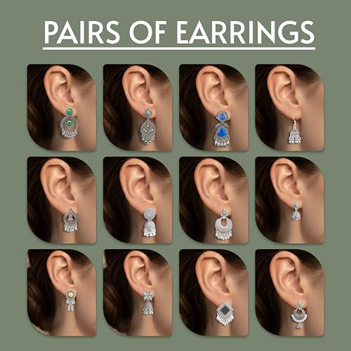 Image of The Wallet Store Ishq-E-Jhumka Oxidized Designer Earrings Set of 12 With Folding Jewelry Box | Minimalist & Traditional Jhumka Set for Womens & Girls