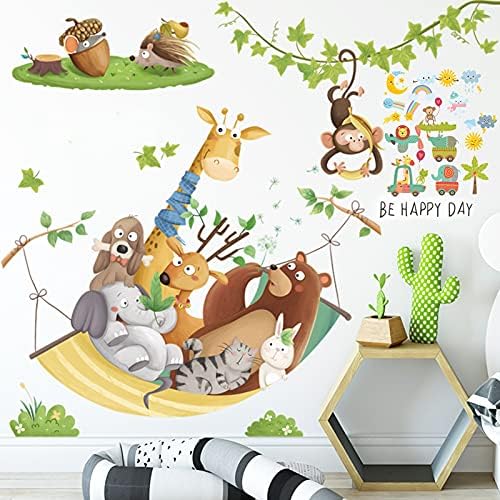 Cartoon Jungle Animals Wall Stickers, Elephant Giraffe Dog Vinyl Green Plants Animal Kids Wallpaper Decals, Removable DIY Zoo Art Mural for Baby Bedroom Nursery Living Room Home Decoration