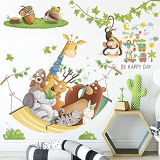 Cartoon Jungle Animals Wall Stickers, Elephant Giraffe Dog Vinyl Green Plants Animal Kids Wallpaper Decals, Removable DIY Zoo Art Mural for Baby Bedroom Nursery Living Room Home Decoration