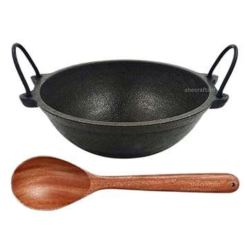 Pre - Seasoned Cast Iron Kadai with Neem Wooden Stir Combo Offer | 10 inch Dia, 1 kg | | Healthy Non- Stick Cookware | Kadhai | Induction, Gas Compatable | SHECRAFTSIN