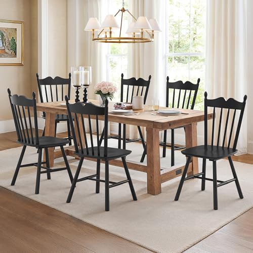 LUE BONA Black Dining Chairs Set of 6, Windsor Wooden Dining Chair with Thickened Backrest, Morden and Mid Century Kitchen Chairs for Dining Room Farmhouse, Weight Capacity 350 lbs