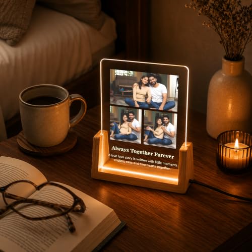 Image of Giftplease Personalized LED Acrylic Photo Frame with Custom Photos & Text | Engraved Picture Lamp with Wooden LED Base | USB Powered Night Light | Anniversary, Wedding, Birthday, Couple, Family, Decor
