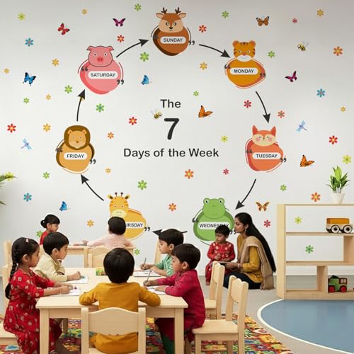 Image of StickMe '7 Days of The Week Animals Baby Kids Learning Education NurseryPre School Kinder Garden Colorful Wall Sticker' (Multi Colour, Vinyl) (Standard Extra Large - 220 x 190 cm)