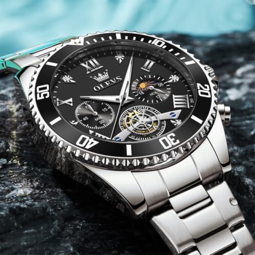 Image of OLEVS Mens Watches Chronograph Luxury Dress Moon Phase Two Tone Stainless Steel Waterproof Luminous Business Calendar Wrist Watch